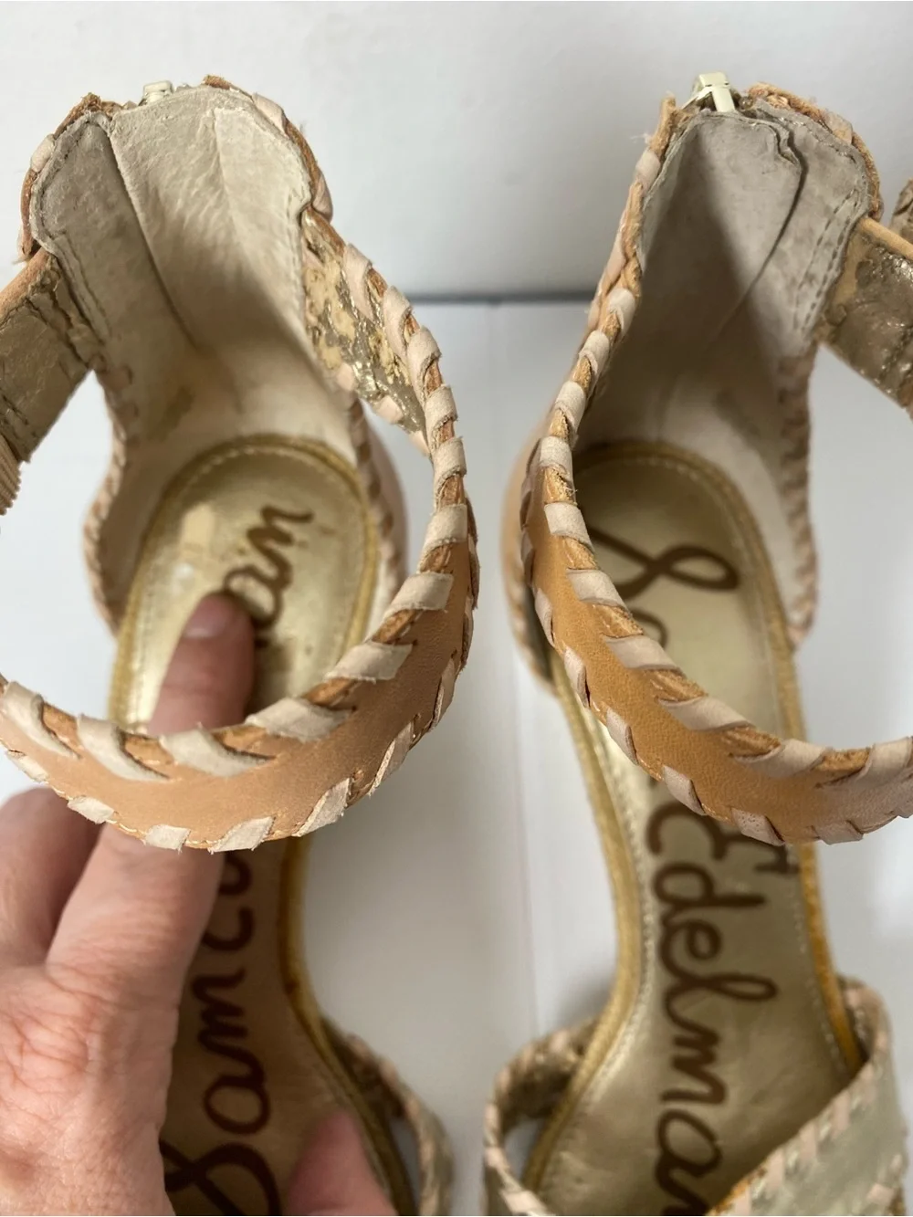 Sam Edelman Gold and Tan Wedge Sandals with Ankle Strap Flawed